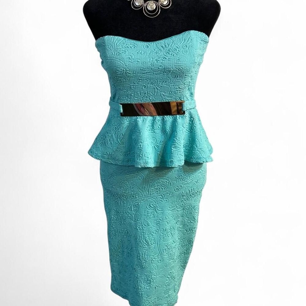 2010s Old Money Preppy Effortless Chic Turquoise Jacquard Peplum Midi Dress